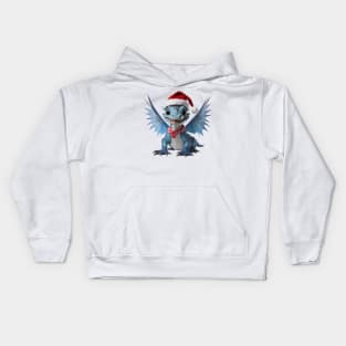 Realistic Artwork of a Cute Blue Baby Dragon Wearing a Red Santa Christmas Hat Kids Hoodie